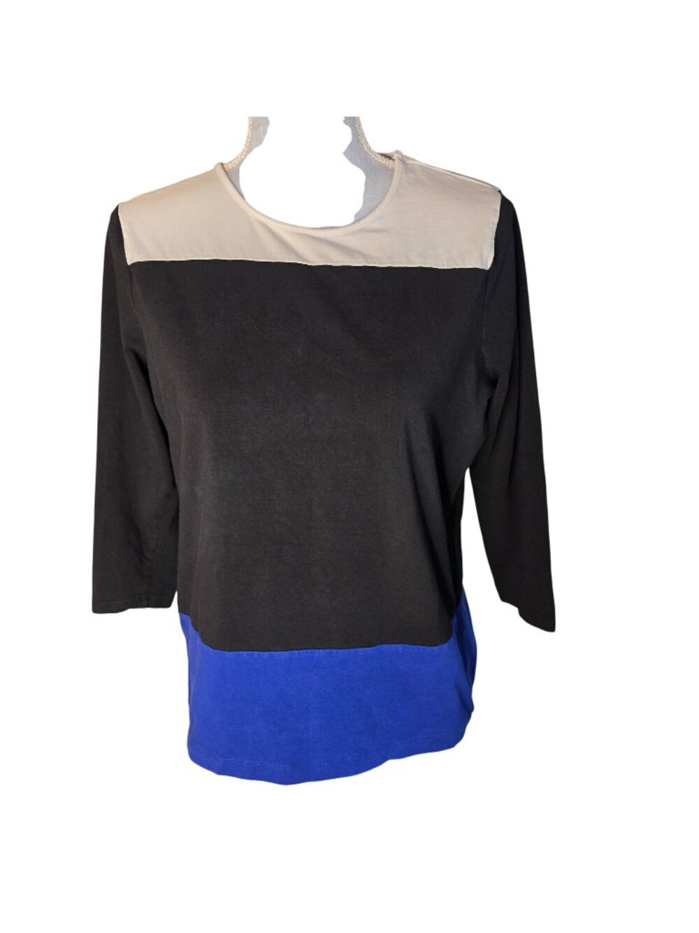 Lauren Ralph Lauren Colorblock 3/4 Sleeve Knit Top Black Blue Tan Career Sz XL